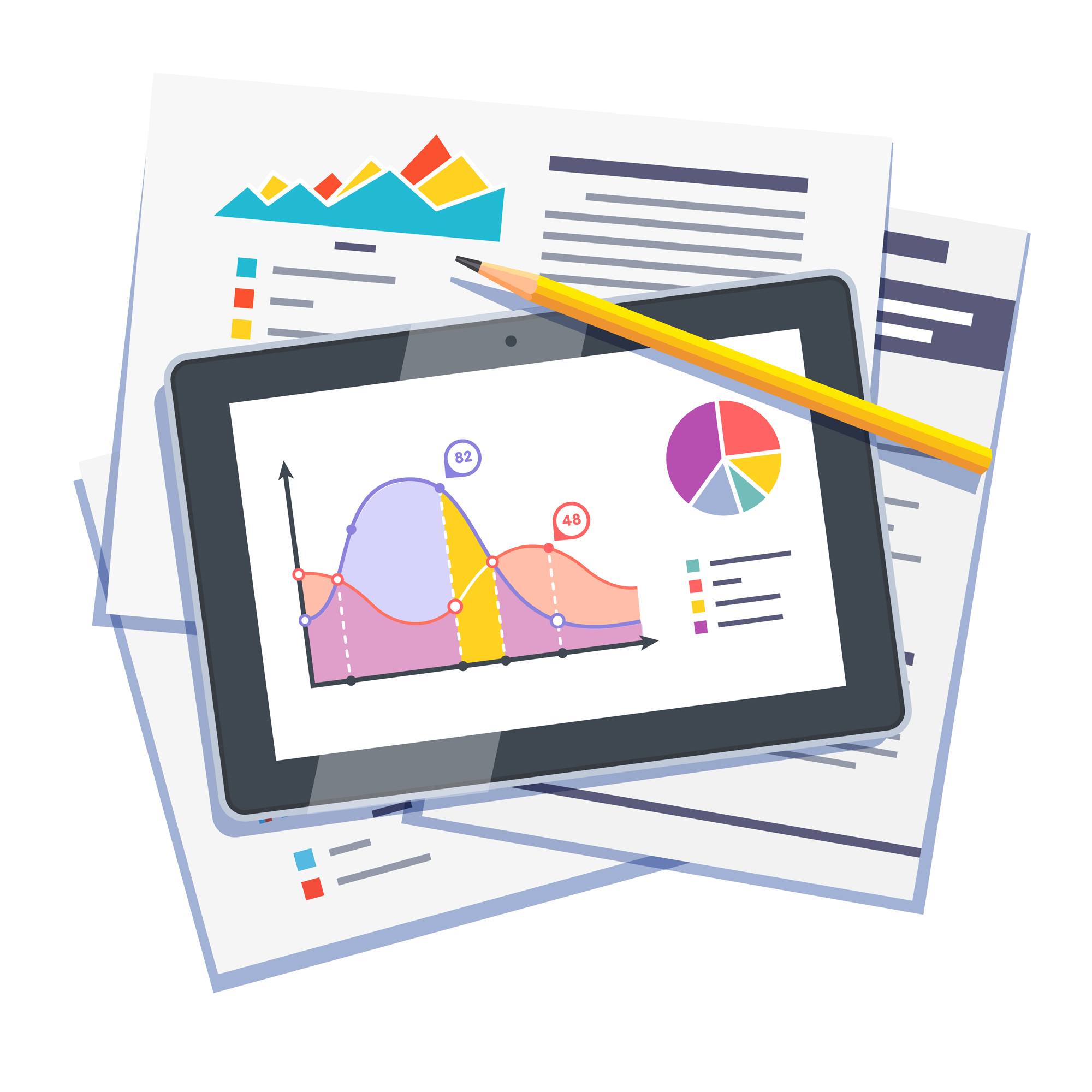 Statistical data abstract with graphs and charts on paper and tablet computer. Flat style vector illustration isolated on white background.